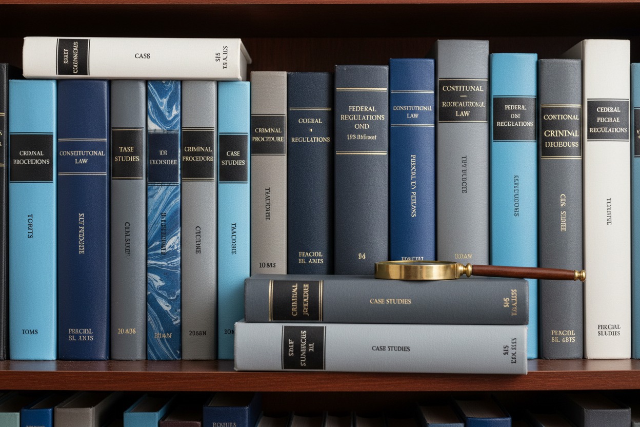 Books on a shelf. Blue and gray and white mostly. Legal books.