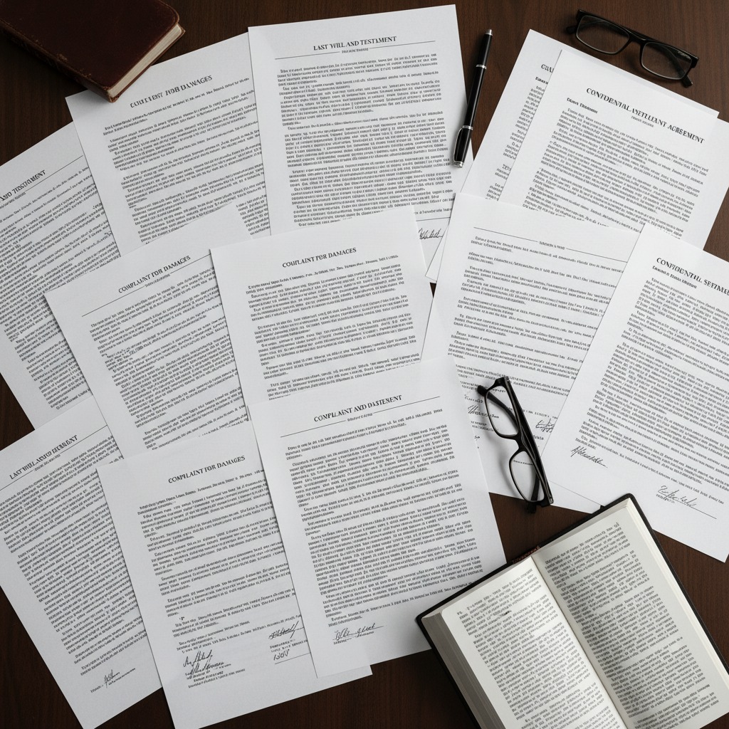 Legal papers spread out. Lots of white and black, lots of legal-looking text.